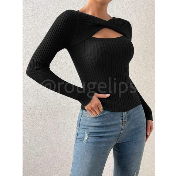 Black Rib Knit Cut Out Keyhole Twisted Detail Long Sleeve Light Sweater Top - Picture 13 of 14